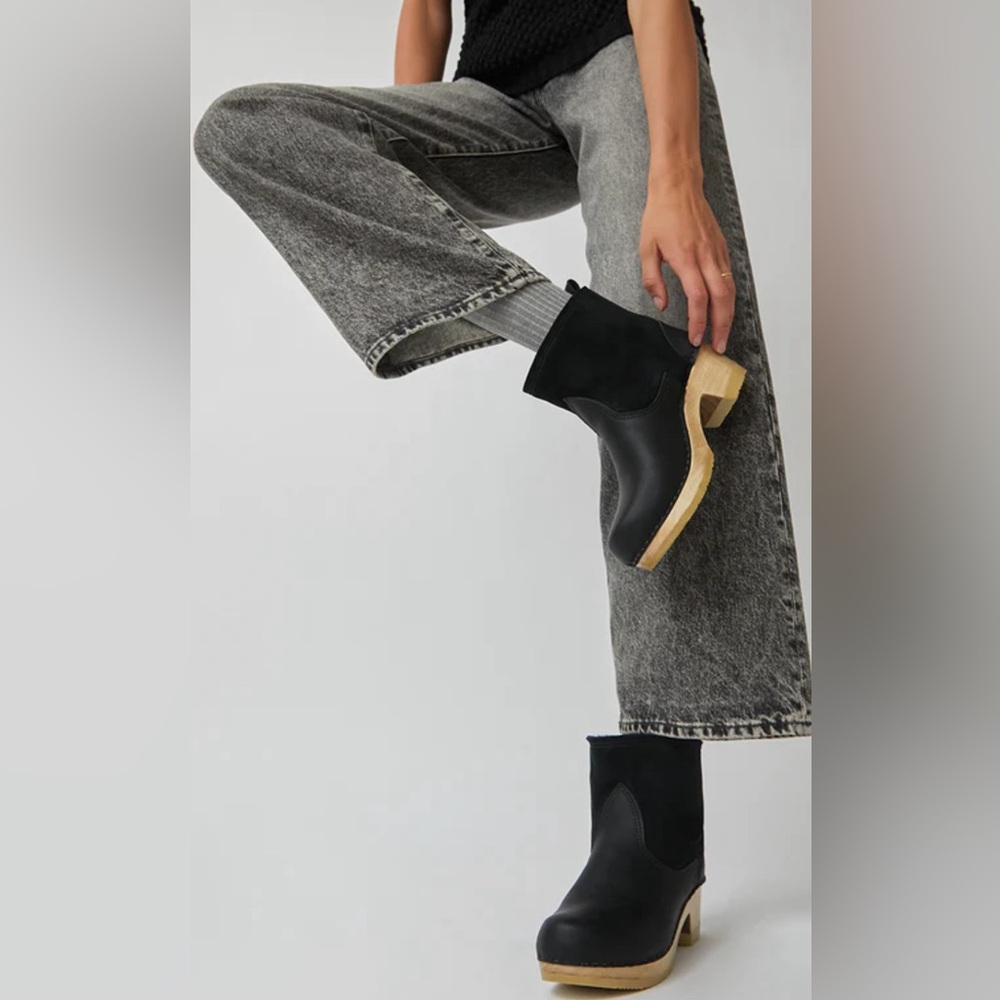 No. 6 Black Leather & Suede Heeled Clog Boots